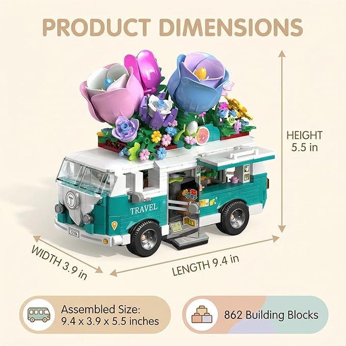 Flower Camper Van Building Set 862 Piece Botanical Travel Bus with Opening Side Cabin Outdoor Table Chairs Creative Gift for Teens Adults Home Decor STEM Educational Assembly Building