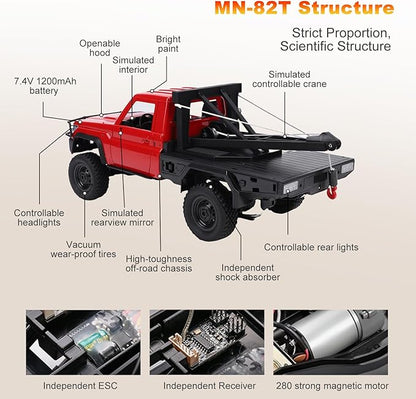 MN-82T RC Rock Crawler 1:12 Scale 4WD Upgraded RC Truck with Crane Hook 2.4Ghz Off Road Toy Pickup Truck with Lights All Terrain Wrecker Vehicle for Teen Adults (Red)