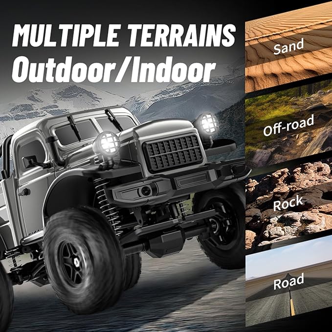 1:18 Scale All Terrain Remote Control Car 2.4 GHz 4WD RC Rock Crawler with LED Lights 12KPH Off-Road Pickup Truck Vehicle Toys RTR Gift for Adults