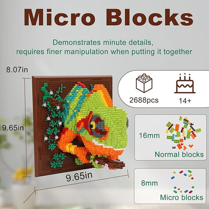 3D Wall Art Chameleon Animal Micro Building Blocks Set for Adults 2688 PCS Unique Home Decor &amp Creative Table Display Creative Gift Toy for Art Enthusiasts And People Who Love Building Blocks