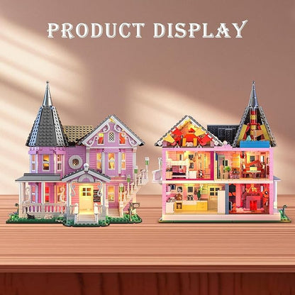 Pink Palace Apartment Building Set with Lights 1349PCS Halloween Haunted House Blocks Compatible with Lego Christmas Birthday Gifts for Kids &amp Collectors Aged 8+