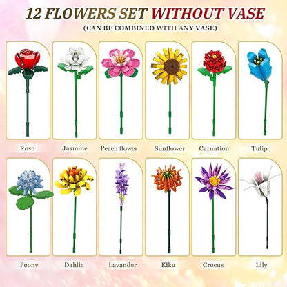 Flowers Bouquet Building Set - 12 Kinds of Flowers Botanical Collection and Decorative Home for Mother's Day Birthdays Gifts Ideal for 6+ Women Girls Adults No Vase