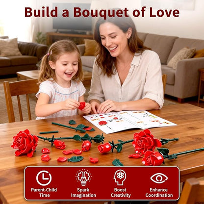 Red Rose Flower Bouquet Building Set Botanical Collection Kit Artificial Fake Flowers Blocks Home Table Decor Aesthetic for Valentine's Day Birthday DIY Craft Floral Gift Without Vase