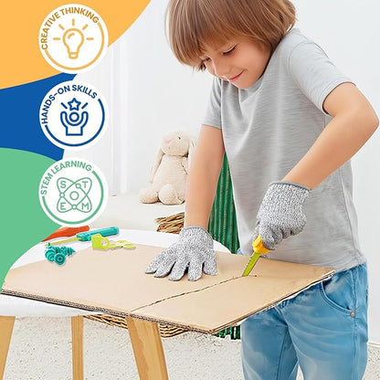 Kibbidea Cardboard Cutter for Kids with Screws &ampTool Box 170PCS Cardboard Construction Tool Kit STEM Resuable Building Toys for Boys and Girls Engineering &amp Creativity（Aged 5+）