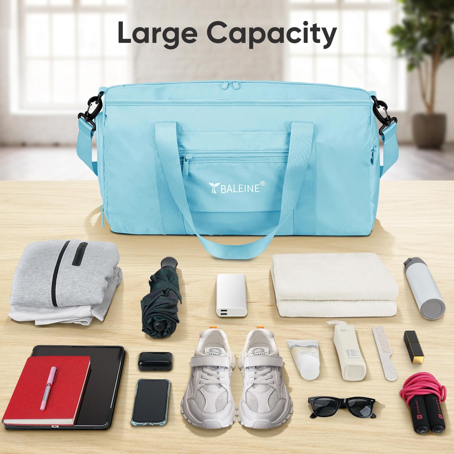 BALEINE Gym Duffel Bag for Women and Men, Small for Sports, Gyms and Weekend Getaway, Waterproof Dufflebag with Shoe and Wet Clothes Compartments, Lightweight Carryon Gymbag (Azure)