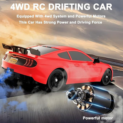 Remote Control Car RC Drift Car 1:16 Scale 4WD 18KM/H High Speed Model Vehicle 2.4GHz with LED Lights Spray Rubber Tire Racing Sport Toy for Adults Boys Girls Kids Gift 2Pcs Rechargeable Batteries