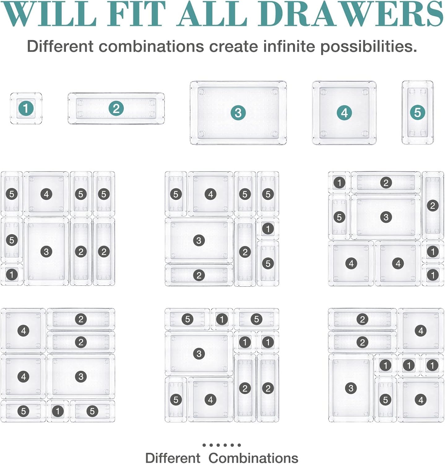 16 PCS Drawer Organizer Set, 5 Varied Size Bathroom and kitchen Drawer cabinet organizer Trays, Clear Storage Bins for Makeup, Jewelry, Utensils and Gadgets