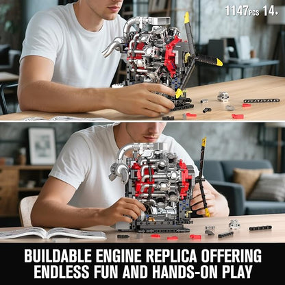 Mould King 10211 Aircraft Engine Model That Works 1147PCS Transmission Engine Battery/Motor Building Sets STEM Toy Gift for 14+ Teens &amp Adults V8 Engine Series for Display Collection
