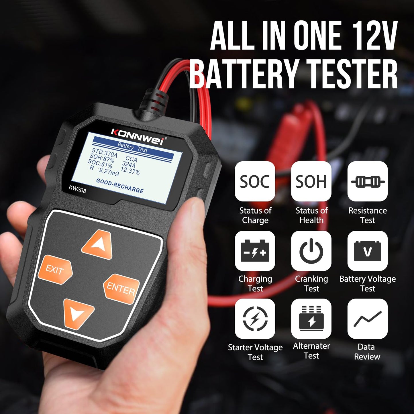 KONNWEI KW208 12V Car Battery Tester, Battery Load Tester Automotive 12V Alternator Starter Tester Digital Auto Battery Analyzer Charging Cranking System Tester for Car Truck Marine Motorcycle Boat