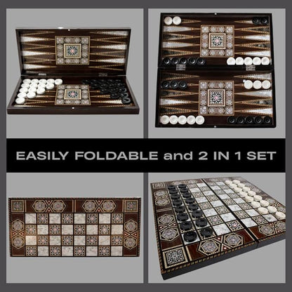 Park&ampOz Pearl Premium Turkish Backgammon and Checkers Set 19 Inch Handmade 2 in 1 Wooden Board Game with Glossy Finish Luxury Checkers and Dice Travel Friendly and Foldable