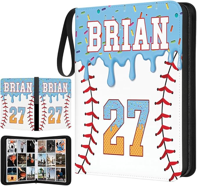 Personalized Ice Cream Drip Baseball Card Binder with Name &amp Number – Zipper Trading Card Album with Handle – Collector Case for Players &amp Fans (Ice Cream Drip Art #1)