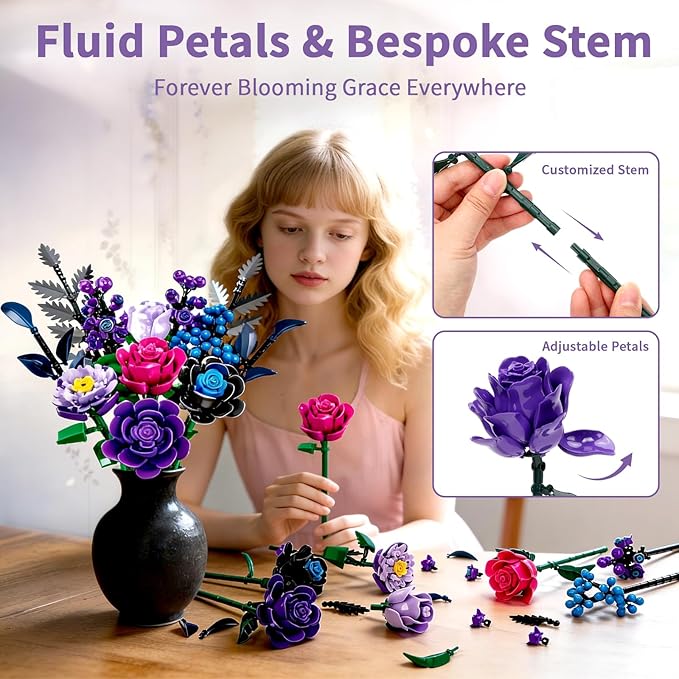 759 Pcs Purple Rose Flower Bouquet Building Set Botanical Collection Kit Artificial Fake Flowers Blocks Home Table Decor Aesthetic for Valentine's Day Birthday DIY Craft Floral Gift Without Vase