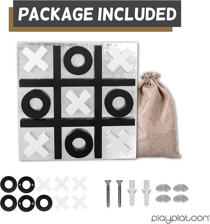 Play Platoon Magnetic Tic Tac Toe Game - Large Metal and Wooden Wall Mounted Board Games - 13.5 Inch Table Top or Wall Mounted Farmhouse Rustic for Game Room - Black &amp White