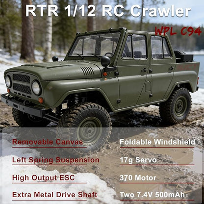 YUCT WPL C94 RC Crawler - 4x4 1/12 Military RC Truck 2.4GhZ Off-Road Vehicle with Two Batteries &amp Metal Drive Shaft (Green)
