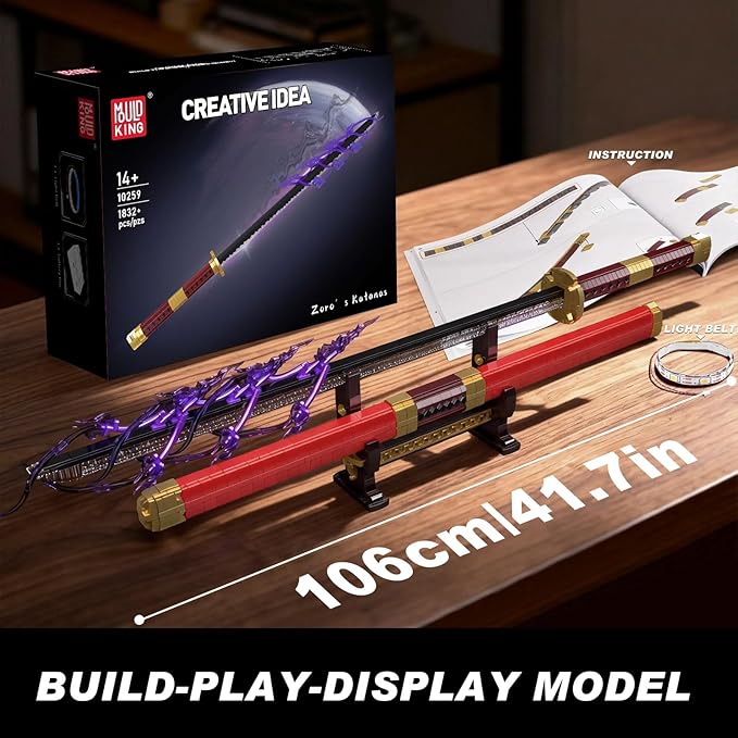 Mould King Zoro Sword Building Set - 41.7 Rechargeable LED Lightsaber with Display Stand DIY Assembly STEM Model Kit for Adults Creative Collectible Sci-Fi Toy &amp Cosplay Gift Idea (1832+ PCS)