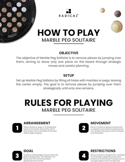 Marble Solitaire Game 10 Inch Black Handmade Peg Solitaire Board Game with Marbles Classic Marble Puzzle Game for Adults Modern Tabletop Brain Teaser