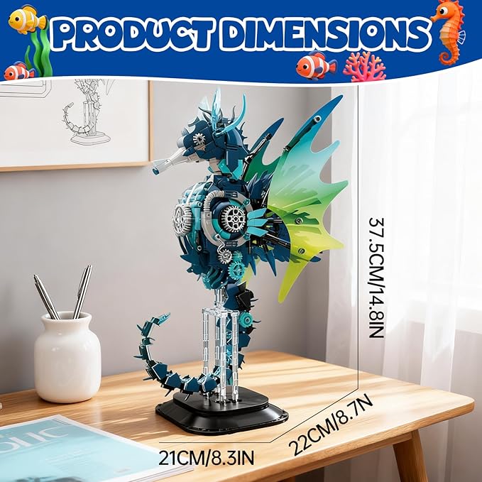 Mechanical Seahorse Building Set Steampunk Ocean Animal Model Kit Articulated Sea Creature Construction Toy Gift for Marine Life Enthusiasts for Adults Teens 1003 Pieces
