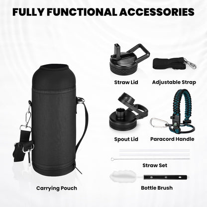 RAYMYLO Insulated Water Bottle 40 oz, Triple Wall Vacuum Stainless Steel (Cold for 48 Hrs), Leak Proof & Non-BPA, Modern Water Flask Jug with Paracord Handle & Straw Spout Lids, Indigo/Black