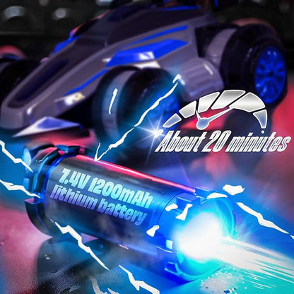 1:14 Remote Control Roll Stunt Car for Boys 360°Rotating 4WD RC Cars with Lights Music Upright Walking Four-Wheeled Rollover Toy Car Presents for Age 6-12（Blue）