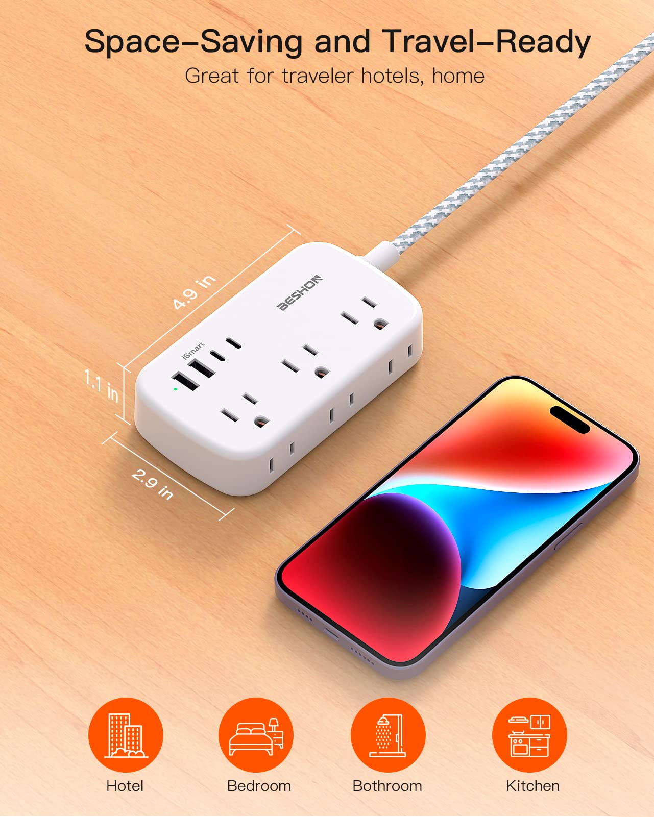 Extension Cord 25 Ft, Flat Plug Power Strip with 6 Outlets with 4 USB Ports(2 USB C), Wall Mount Charging Station, No Surge Protector for Home Office College Dorm Room Travel Essentials