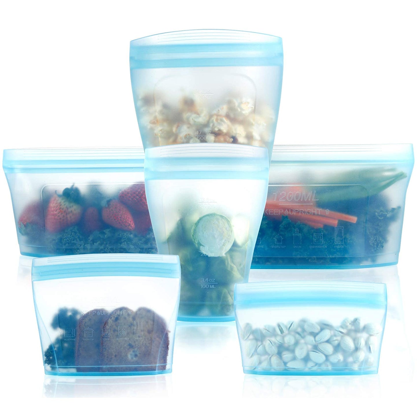Reusable food container silicone bag, Upgrade second generation 6 Pcs Zip Containers Storage, 100% Silicone Reusable Food Bag, Stand Up Preservation Bag, Rounded interior for easy cleaning.