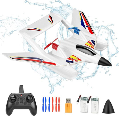 RC Plane for Water Land &amp Air Remote Control Plane Sea Airplane R C 2 Channel RC Airplane Amphibious Tri-Phibian Aircraft with 2 Batteries 2.4GHz RTF A irplane Glider for Adult Beginner