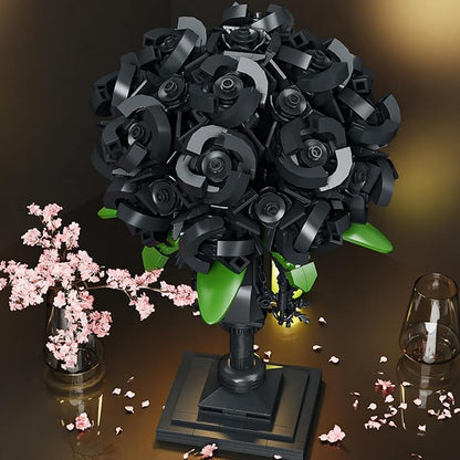 Black Rose Building Block Flower Decor Gothic Style Brick-Built Floral Bouquet for Home &amp Office Compatible with Lego Dark Romantic Black Flowers DIY Display Gift for Adults