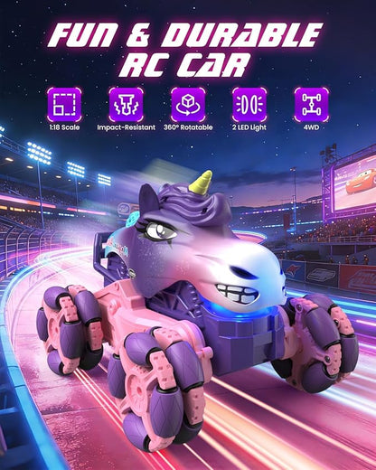 Remote Control Car 1:18 Pink Unicorn Monster Truck 360° Spin-Dance Light Music with Spray 2.4 GHz 4WD 120 Min Runtime Off-Road for Indoor &amp Outdoor Fun Toy Birthday Gifts for Girls Age 3+
