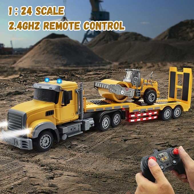 RC Semi Truck Remote Control Semi Truck and Trailer Toy 22.5 Inch 2.4Ghz Semi Truck Toy with Sound and Lights Road Roller Model 1/24 RC Construction Vehicles Toy for Adults &amp Kids Boys