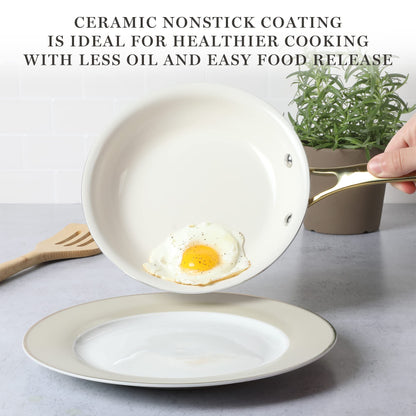 Martha Stewart Lockton Premium Non stick Non Toxic PFA Free Ceramic Interior 10 Piece Heavy Gauge Enamel Aluminum Pots and Pans Cookware Set - Linen White w/Gold Handle