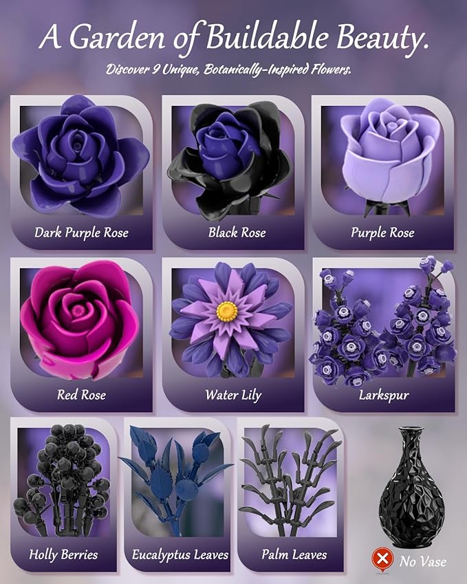 Purple Rose Bouquet Building Set Artificial Floral Building Toys for Gothic Home Decor Ideal Gift for Halloween &amp Christmas Compatible with Lego Flower Set for Adults Women and Teen Girls