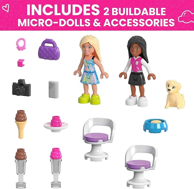 MEGA Barbie Kids Building Toy Set Convertible &amp Ice Cream Stand with 226 Pieces 2 Micro-Dolls and Accessories Pink Ages 6+ Years