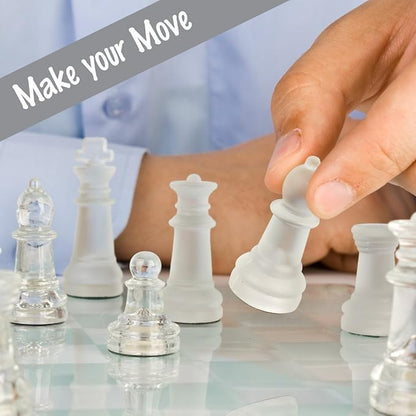 Gamie Premium Glass Chess Set 12 Inch - Elegant Design - Durable Build - 32 Frosted and Clear Pieces - Felted Bottoms - Easy to Carry - Stable &amp Fully Functional for Chess Lovers