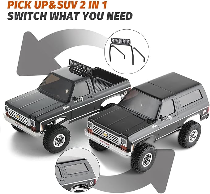 FCX24 FMS 1/24 K5 Chevy Blazer RC Crawler Officially Licensed Mini RC Car Pick Up Truck &amp SUV 2 in 1 4WD 8km/h 2 Speeds Switch Off-Road RC Model with LED Lights for Adults (Black)