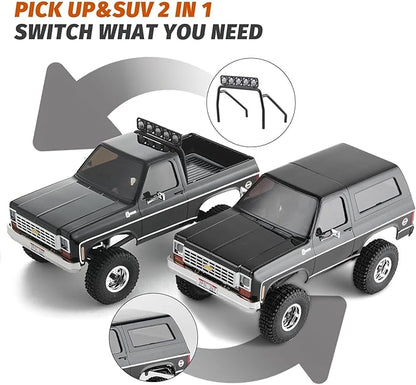 FCX24 FMS 1/24 K5 Chevy Blazer RC Crawler Officially Licensed Mini RC Car Pick Up Truck &amp SUV 2 in 1 4WD 8km/h 2 Speeds Switch Off-Road RC Model with LED Lights for Adults (Black)