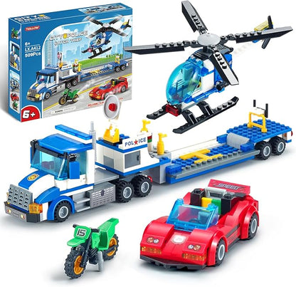 City Police Car Truck Building Sets for Boys Semi Truck and Trailer Building Blocks Vehicles Kits with Helicopter MotorcycleRace Car for Kids Ages 6 7 8 Years Old and Up