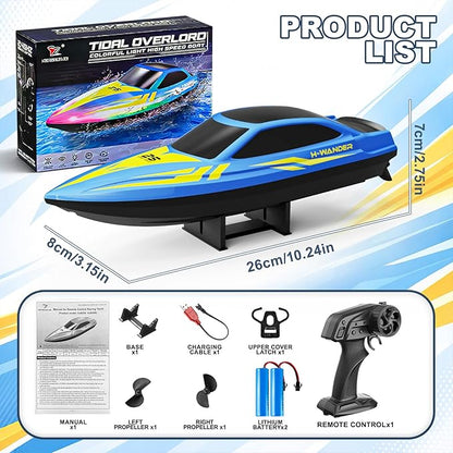 RC Boat with 7-Mode Colorful LED Lights10 Inch Remote Control Boat15KM/H High Speed2.4GHz3 Speed Modes2 Rechargeable BatteriesAuto Flip RecoveryPool &amp Lake Racing Gifts for Kids &amp Adult