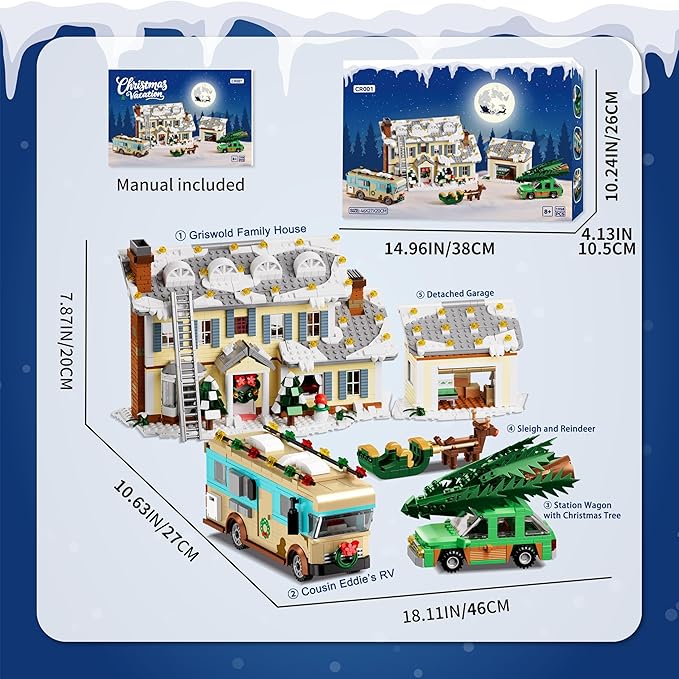 Christmas Holiday House Building Set 5 in 1 Model Buildings Kits Snow Village &amp RV Toy Building Blocks Sets with LED Xmas Decor Toys Gifts for Kids Girls Boys Ages 8+ Adults (1958PCS)
