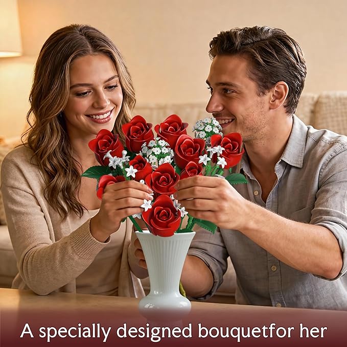 Red Rose Flowers Bouquet Building Set - Valentine's Day Gift Compatible with Lego Flowers for Adults Women Collection Christmas Mother's Day Valentine's Gifts Home Decor