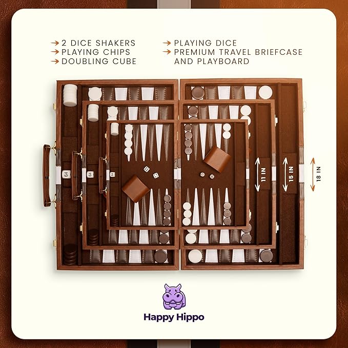 Backgammon Board Game Deluxe Leather Like Case Felt Interior Brown Classic Backgammon Game Popular Board Game Board Games (Medium (15))