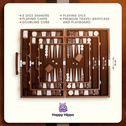 Backgammon Board Game Deluxe Leather Like Case Felt Interior Brown Classic Backgammon Game Popular Board Game Board Games (Medium (15))