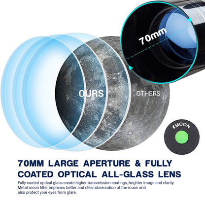 ESSLNB Telescope for Adults, 70mm Aperture Refractor Telescopes (15X-180X) for Astronomy Beginners, Portable Travel Telescope with Phone Adapter & Adjustable Tripod