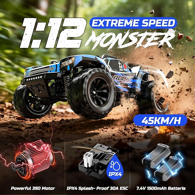 DEERC 1:12 Fast RC Cars 45KPH 4WD High Speed Short Course RC TruckOff-Road All Terrain Remote Control Car with 2 Rechargeable Batteries &amp Spare Tire2.4GHz RC Monster Truck for Adults Kids Boys