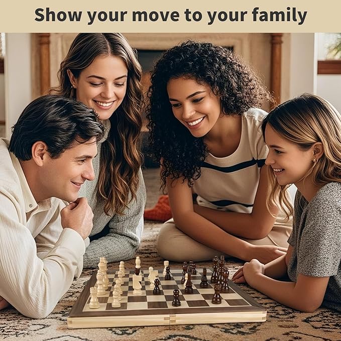 LEAP Wooden Chess and Checker Sets - 15 Walnut &amp Maple Folding Chess Board with 2 Extra Queens | Chess Board Set | Wooden Chess Sets for Adults