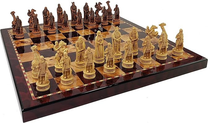 Antique Ivory &amp Brown Norse Viking Chess Set with 18 inch Cherry Color Board