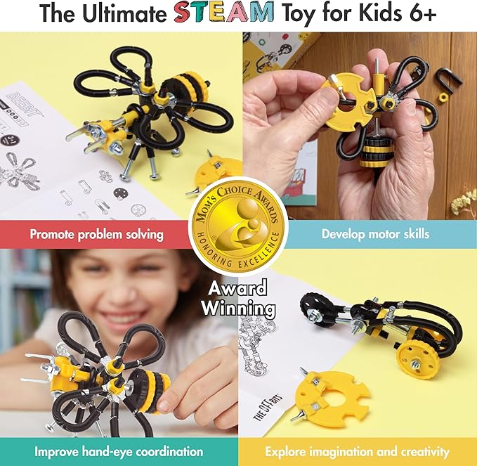 The Off Bits Erector Set: Animal Mini STEM Toys for Kids 6+ Toy Building Sets with Nuts &amp Bolts STEM Building Toys Gifts for Boys and Girls (Yellow Bee)