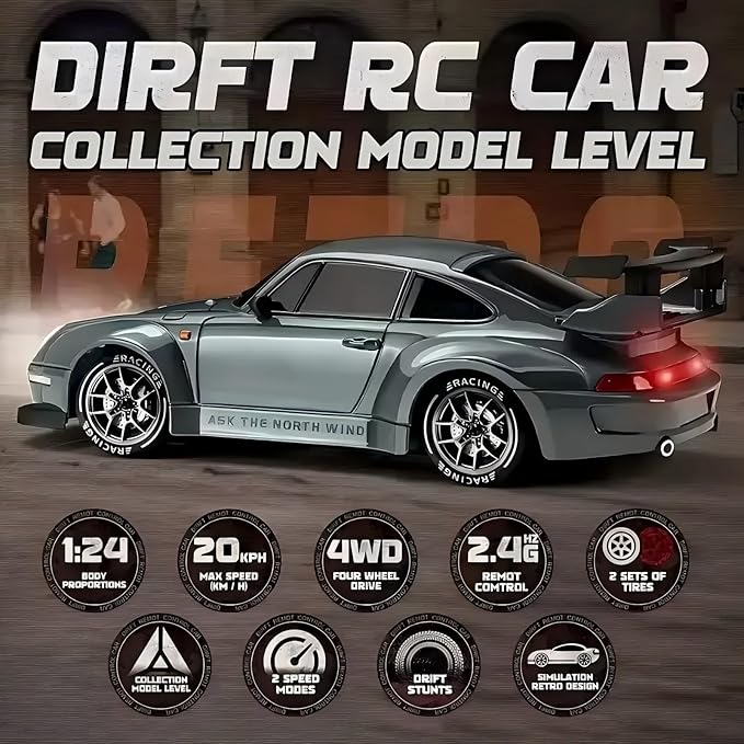 1:24 Scale RC Drift Car with LED Lights 25km/h 4WD High Speed Dual Batteries 50+ Min Play 2.4GHz Remote Control Multi-Surface Drift Tires Racing Toy Vehicle for Adults Boys Girls Storm Drive
