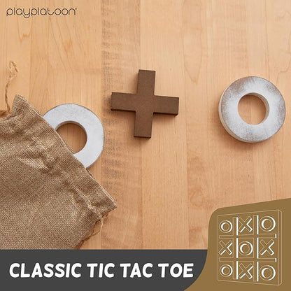 Play Platoon Magnetic Tic Tac Toe Game - Large Metal and Wooden Wall Mounted Board Games - 13.5 Inch Table Top or Wall Mounted Farmhouse Rustic for Game Room - Barnwood