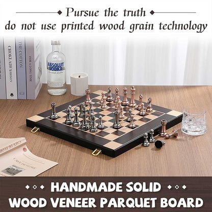 15-Inch Large Metal Chess Set for Adults and Kids with Metal Chess Pieces – Foldable Wooden Board with Storage Portable Classic Game Set for Travel &amp Home Elegant Gift for Chess Enthusiasts