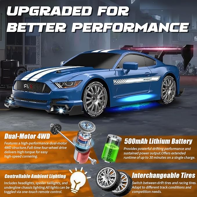 RC Drift Car 1:24 Scale Remote Control Vehicle for Kids2.4GHz 20KM/H 4WD High Speed RC Cars with LED Light Two Batteries &amp Drifting Tires Racing Sport Toy Cars for Adults Boys Girls Kids 8607BK